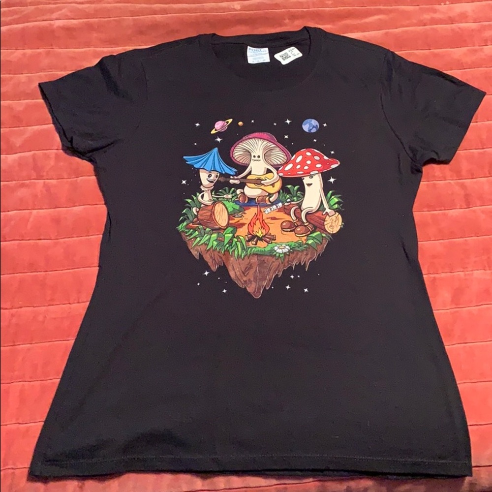 Mushrooms Playing Music Around Fire black Sz small Shrooms